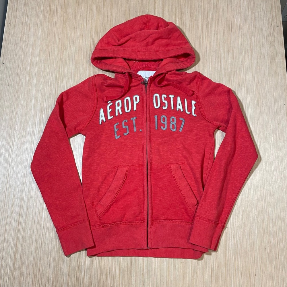 Aeropostale Zip Hoodie Womens XS Red Embroidered Est 1987 Logo Slub Knit